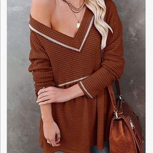 Waffle Knit V Neck Peplum Tunic Top